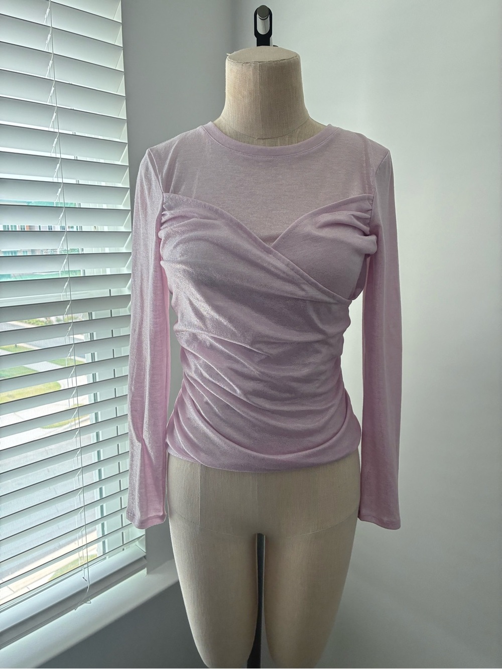 Express Women's Fitted Shine Lightweight Faux Wrap Crew Neck Long Sleeve